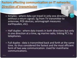 – Simplex : where data can travel in only one direction,
without a return signal). Eg from TV transmitter to
antennae, POS devices, seismograph measures
earthquakes, etc).
– Half duplex : where data travels in both directions but only
in one direction at a time, eg marine radio, linking PC’s by
telephones.
– Full duplex : data is transmitted back and forth at the same
time. Its thus considered the fastest and the most efficient
form of two way communication. Used for mainframe
communications.
Micky

16

 
