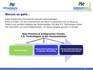 Worum es geht…
Jedes erfolgreiche Unternehmen braucht Leistungsträger!
Diese zu finden, für sein Unternehmen auf Dauer zu gewinnen und im Hause zu
fördern sind zentrale Aufgaben der Personalarbeit. Die Web 2.0. Technologien bieten
hier eine Reihe von neuen Möglichkeiten, um dieser Aufgabe gerecht zu werden.
3
Best-Practice & erfolgreicher Einsatz
2.0. Technologien in der Personalarbeit
 