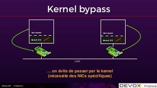 #DevoxxFR #networxx
Kernel bypass
… on évite de passer par le kernel  
(nécessite des NICs spéciﬁques)
User space
Kernel I/O
User space
Kernel I/O
LAN
 