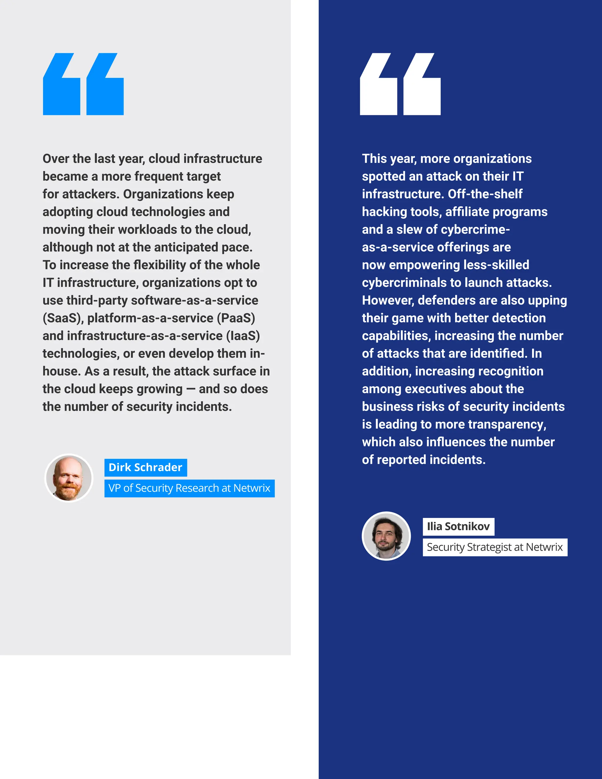 SECURITY INCIDENTS IN THE CLOUD
This year, more organizations
spotted an attack on their IT
infrastructure. Off-the-shelf
hacking tools, affiliate programs
and a slew of cybercrime-
as-a-service offerings are
now empowering less-skilled
cybercriminals to launch attacks.
However, defenders are also upping
their game with better detection
capabilities, increasing the number
of attacks that are identified. In
addition, increasing recognition
among executives about the
business risks of security incidents
is leading to more transparency,
which also influences the number
of reported incidents.
Over the last year, cloud infrastructure
became a more frequent target
for attackers. Organizations keep
adopting cloud technologies and
moving their workloads to the cloud,
although not at the anticipated pace.
To increase the flexibility of the whole
IT infrastructure, organizations opt to
use third-party software-as-a-service
(SaaS), platform-as-a-service (PaaS)
and infrastructure-as-a-service (IaaS)
technologies, or even develop them in-
house. As a result, the attack surface in
the cloud keeps growing — and so does
the number of security incidents.
Dirk Schrader
VP of Security Research at Netwrix
Ilia Sotnikov
Security Strategist at Netwrix
 