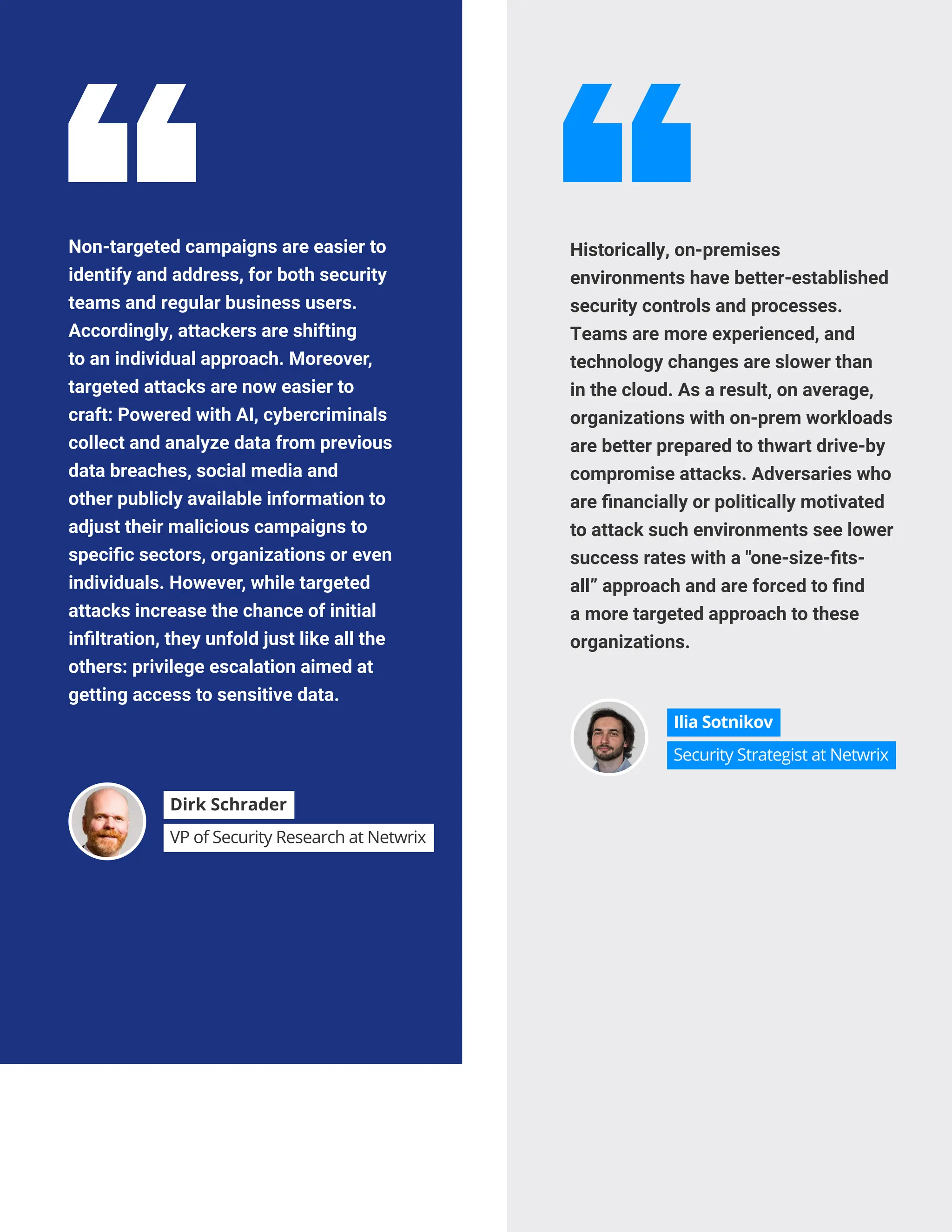 CLOUD ADOPTION GOALS AND CHALLENGES
Non-targeted campaigns are easier to
identify and address, for both security
teams and regular business users.
Accordingly, attackers are shifting
to an individual approach. Moreover,
targeted attacks are now easier to
craft: Powered with AI, cybercriminals
collect and analyze data from previous
data breaches, social media and
other publicly available information to
adjust their malicious campaigns to
specific sectors, organizations or even
individuals. However, while targeted
attacks increase the chance of initial
infiltration, they unfold just like all the
others: privilege escalation aimed at
getting access to sensitive data.
Historically, on-premises
environments have better-established
security controls and processes.
Teams are more experienced, and
technology changes are slower than
in the cloud. As a result, on average,
organizations with on-prem workloads
are better prepared to thwart drive-by
compromise attacks. Adversaries who
are financially or politically motivated
to attack such environments see lower
success rates with a "one-size-fits-
all” approach and are forced to find
a more targeted approach to these
organizations.
Dirk Schrader
VP of Security Research at Netwrix
Ilia Sotnikov
Security Strategist at Netwrix
 