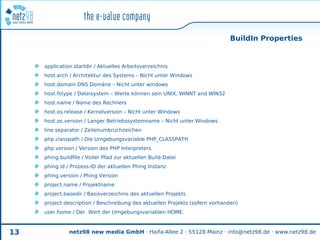BuildIn Properties


     application.startdir / Aktuelles Arbeitsverzeichnis
     host.arch / Architektur des Systems – Nicht unter Windows
     host.domain DNS Domäne – Nicht unter windows
     host.fstype / Dateisystem – Werte können sein UNIX, WINNT and WIN32
     host.name / Name des Rechners
     host.os.release / Kernelversion – Nicht unter Windows
     host.os.version / Langer Betriebssystemname – Nicht unter Windows
     line.separator / Zeilenumbruchzeichen
     php.classpath / Die Umgebungsvariable PHP_CLASSPATH
     php.version / Version des PHP Interpreters
     phing.buildfile / Voller Pfad zur aktuellen Build-Datei
     phing.id / Prozess-ID der aktuellen Phing Instanz
     phing.version / Phing Version
     project.name / Projektname
     project.basedir / Basisverzeichnis des aktuellen Projekts
     project.description / Beschreibung des aktuellen Projekts (sofern vorhanden)
     user.home / Der Wert der Umgebungsvariablen HOME.



13             netz98 new media GmbH · Haifa-Allee 2 · 55128 Mainz · info@netz98.de · www.netz98.de
 