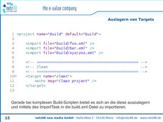 Auslagern von Targets




     Gerade bei komplexen Build-Scripten bietet es sich an die diese auszulagern
     und mittels des ImportTask in die build.xml Datei zu importieren.

15                netz98 new media GmbH · Haifa-Allee 2 · 55128 Mainz · info@netz98.de · www.netz98.de
 