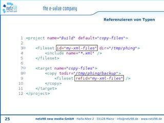 Referenzieren von Typen




25   netz98 new media GmbH · Haifa-Allee 2 · 55128 Mainz · info@netz98.de · www.netz98.de
 