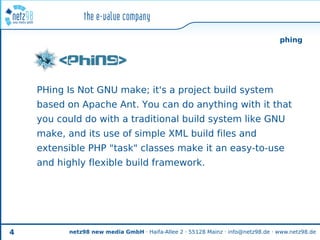 phing




    PHing Is Not GNU make; it's a project build system
    based on Apache Ant. You can do anything with it that
    you could do with a traditional build system like GNU
    make, and its use of simple XML build files and
    extensible PHP "task" classes make it an easy-to-use
    and highly flexible build framework.




4         netz98 new media GmbH · Haifa-Allee 2 · 55128 Mainz · info@netz98.de · www.netz98.de
 