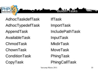 Installation $> pear channel-discover pear.phing.info $> pear install phing/phing Voilá 