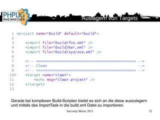 Regelt Abhängigkeiten zwischen Targets Task PHP Code der eine bestimmte Aufgabe ausführt Type Datentyp z.B. FileList, FileSet oder eine DB-Verbindung Mapper 