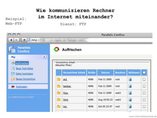www.informatikzentrale.de
Beispiel:
Web-FTP Dienst: FTP
Wie kommunizieren Rechner
im Internet miteinander?
 