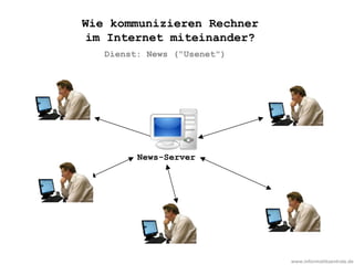 www.informatikzentrale.de
News-Server
Dienst: News ("Usenet")
Wie kommunizieren Rechner
im Internet miteinander?
 
