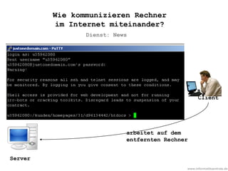 www.informatikzentrale.de
Client
Server
Terminalfenster
arbeitet auf dem
entfernten Rechner
Dienst: News
Wie kommunizieren Rechner
im Internet miteinander?
 