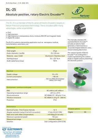 DL-25 Data Sheet , V 1.0f ,MAR. 2013 
DL-25 
Absolute position, rotary Electric Encoder™ 
The DL-25 is a member of the DL series of Electric Encoders, based on 
Netzer Precision proprietary technology. These encoders offer many 
advantages, some unparalleled: 
• IP-65 
• High precision. 
• High tolerance to temperature, shock, moisture, EMI, RFI and magnetic fields. 
• Digital SSi output. 
The DL-25 is suited to demanding application such as: aerospace, medical, 
instrumentation, automation, etc. 
Mechanical 
Total weight 25 gr 
Outer diameter / profi le 25 / 20 mm 
Material , case / shaŌ Aluminum / Stainless steel 
StarƟ ng torque 30 x 10-4 N.m 
ShaŌ radial force (max) 100 N 
Electrical 
Supply voltage 5V ± 5% 
Current consumption ~ 180 mA 
Interconnection 250 mm AWG-30 shielded 
cable (1.5m max) 
Environment - common to all types 
EMC IEC 6100-6-2, IEC 6100-6-4 
Operating temperature range -40°C to +70°C 
Shock endurance IEC 60068-2-27 ; 100 g for 11 ms 
Vibration endurance IEC 60068-2-6 ;20 g 10 – 2000 Hz 
Protection IP 65 
Performance 
Electrical Cycles – Fine/Coarse channels 16/ 3 
Angular resolution (using 12 bit A/D conversion) 17 bits (131,072 CPR) 
Static error (with offset compensation) < 40 mDeg (2.5 arc-sec) 
Maximum operational speed 750 rpm 
Measurement range Unlimited rotation 
Direction User configuration (CW/CCW) 
The internally shielded, DC 
operated Electric Encoder™ 
includes an electric field 
generator, a field receiver, a 
sinusoidal shaped dielectric rotor, 
and processing electronics. 
The outputs signals of Electric 
Encoder™ are analog Sine / 
Cosine representing the rotation 
angle or digital outputs presenting 
the absolute position. 
Outputs options 
Digital SSi 
Sold & Serviced By: 
ELECTROMATE 
Toll Free Phone (877) SERVO98 
Toll Free Fax (877) SERV099 
www.electromate.com 
sales@electromate.com 
 