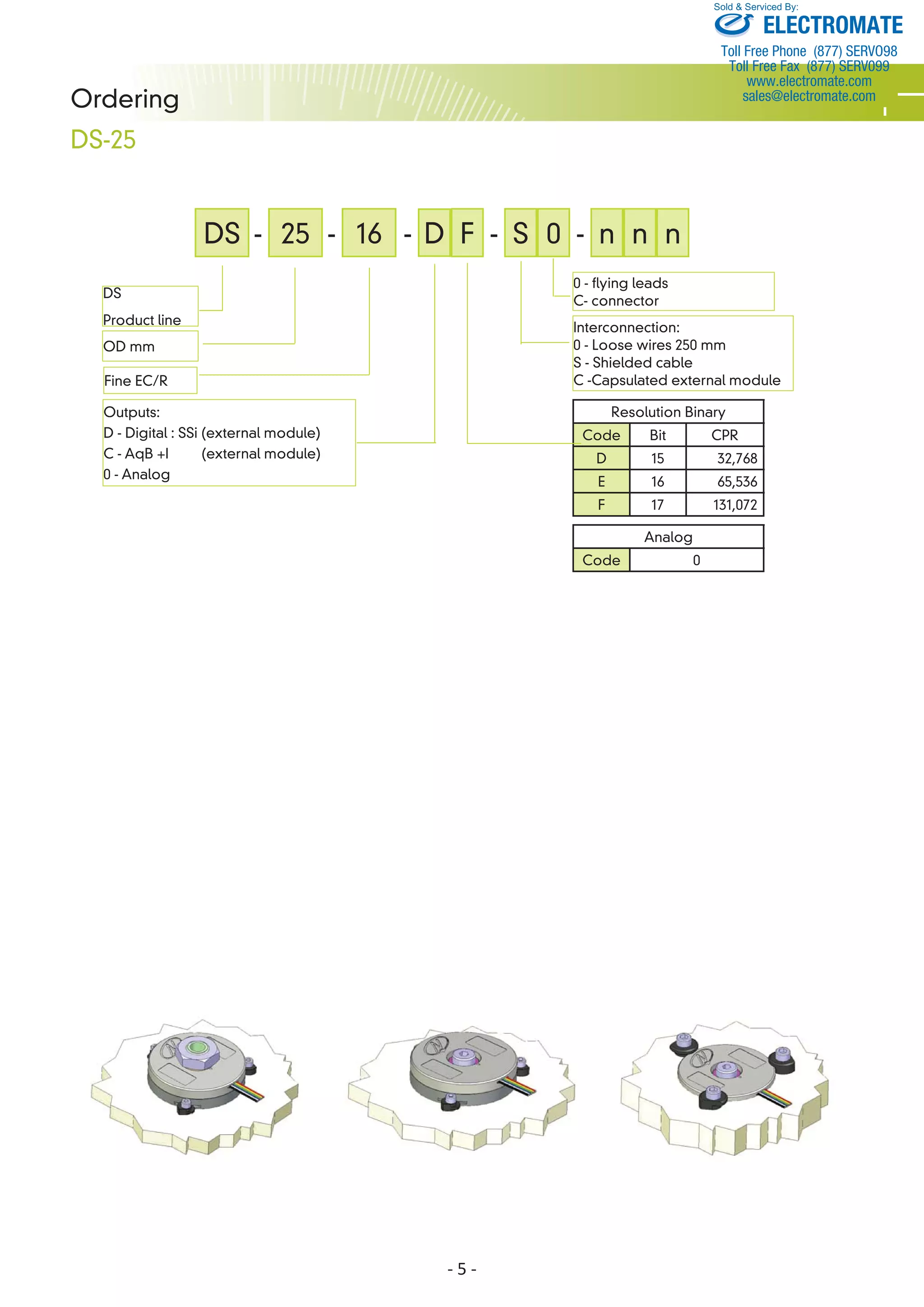 - 5 - 
DS-25 
DS 
Product line 
OD mm 
Outputs: 
D - Digital : SSi (external module) 
C - AqB +I (external module) 
0 - Analog 
- n n n 
Sold & Serviced By: 
Interconnection: 
0 - Loose wires 250 mm 
S - Shielded cable 
C -Capsulated external module 
Resolution Binary 
Code Bit CPR 
D 15 32,768 
E 16 65,536 
F 17 131,072 
DS - 25 - 16 - D- - S 
Fine EC/R 
F 0 
0 - flying leads 
C- connector 
Analog 
Code 0 
Ordering 
ELECTROMATE 
Toll Free Phone (877) SERVO98 
Toll Free Fax (877) SERV099 
www.electromate.com 
sales@electromate.com 
 