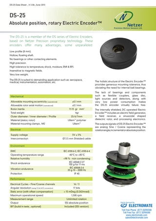 DS-25 Data Sheet , V 2.0b ,June 2013 
DS-25 
Absolute position, rotary Electric Encoder™ 
The DS-25 is a member of the DS series of Electric Encoders, 
based on Netzer Precision proprietary technology. These 
encoders offer many advantages, some unparalleled: 
Low profile (8 mm). 
Hollow, floating shaft. 
No bearings or other contacting elements. 
High precision. 
High tolerance to temperature, shock, moisture, EMI & RFI. 
Insensitive to magnetic fields. 
Very low weight. 
The DS-25 is suited to demanding application such as: aerospace, 
medical, instrumentation, automation, etc. 
The holistic 
structure 
of the Electric Encoder™ 
provides generous mounting tolerance, thus 
obviating the need for internal ball bearings. 
The lack of bearings and components 
such as flexible couplers, glass disc, 
light sources and detectors, along with 
very low power consumption makes 
the DS-25 encoder virtually failure free. 
The internally shielded, DC operated Electric 
Encoder™ includes an electric field generator, 
a field receiver, a sinusoidal shaped 
dielectric rotor, and processing electronics. 
The outputs signals of DS-25 Electric Encoder™ 
are analog Sine / Cosine representing the 
rotation angle, incremental or absolute position. 
Mechanical 
Allowable mounting eccentricity (operational) ±0.1 mm 
Allowable rotor axial motion (operational) ±0.1 mm 
Rotor inertia 11.13 gr · mm2 
Total weight 4gr 
Outer diameter / Inner diameter / Profile 25/6/7mm 
Material (stator, rotor) Ultem™ polymer 
Material mounting clamps , M2 Ultem™ 
Electrical 
Supply voltage 5V ± 5% 
Interconnection Ø 3.5 mm Shielded cable 
Environment 
EMC IEC 6100-6-2, IEC 6100-6-4 
Operating temperature range -40°C to +85°C 
Relative humidity <98 % - non condensing 
Shock endurance IEC 60068-2-27 
100 g for 11 ms 
Vibration endurance IEC 60068-2-6 
20 g 10 – 2000 Hz 
Protection IP 40 
Performance 
Electrical Cycles – Fine/Coarse channels 16 / 3 
Angular resolution (using 12 bit A/D conversion) 17 bits 
Static error (with offset compensation) < 15 mDeg (0.262mrad) 
Maximum operational speed 1,500 rpm 
Measurement range Unlimited rotation 
Output SSi absolute position 
BIT (build in tests , optional) Included (SSi version) 
Sold & Serviced By: 
ELECTROMATE 
Toll Free Phone (877) SERVO98 
Toll Free Fax (877) SERV099 
www.electromate.com 
sales@electromate.com 
 