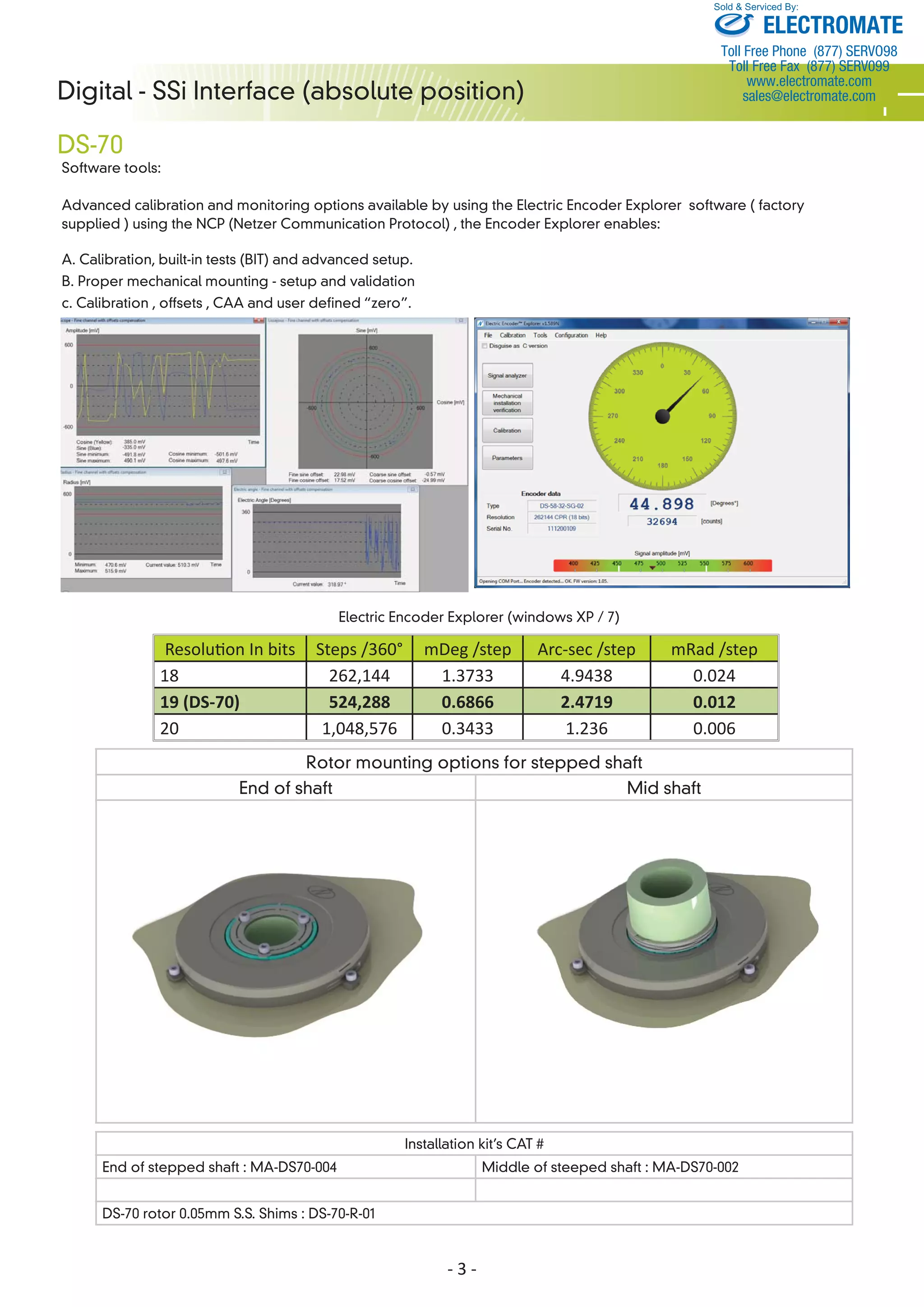 Digital - SSi Interface (absolute position) 
DS-70 
Software tools: 
Sold & Serviced By: 
Advanced calibration and monitoring options available by using the Electric Encoder Explorer software ( factory 
supplied ) using the NCP (Netzer Communication Protocol) , the Encoder Explorer enables: 
ResoluƟ on In bits Steps /360° mDeg /step Arc-sec /step mRad /step 
18 262,144 1.3733 4.9438 0.024 
19 (DS-70) 524,288 0.6866 2.4719 0.012 
20 1,048,576 0.3433 1.236 0.006 
- 3 - 
A. Calibration, built-in tests (BIT) and advanced setup. 
B. Proper mechanical mounting - setup and validation 
c. Calibration , offsets , CAA and user defined “zero”. 
Rotor mounting options for stepped shaft 
End of shaft Mid shaft 
Installation kit’s CAT # 
End of stepped shaft : MA-DS70-004 Middle of steeped shaft : MA-DS70-002 
DS-70 rotor 0.05mm S.S. Shims : DS-70-R-01 
ELECTROMATE 
Toll Free Phone (877) SERVO98 
Toll Free Fax (877) SERV099 
www.electromate.com 
sales@electromate.com 
 