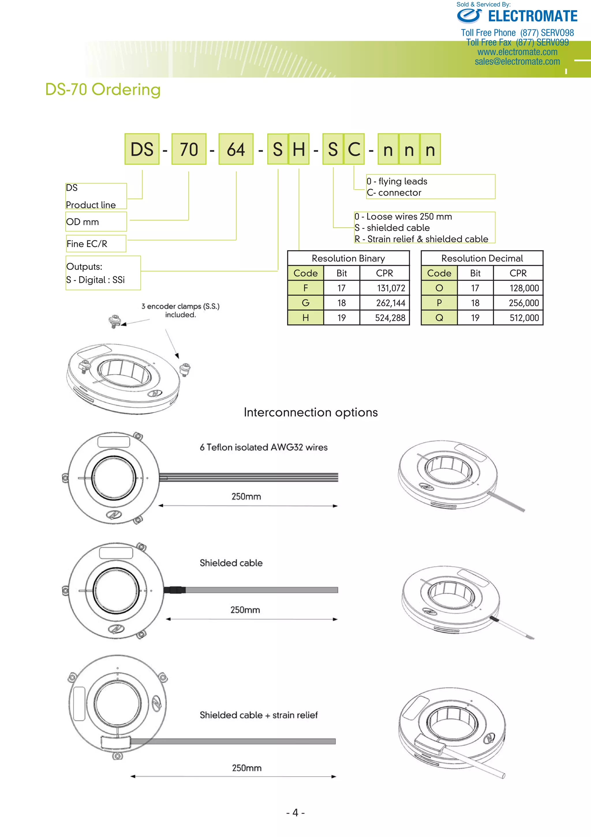 - n n n 
Interconnection options 
- 4 - 
DS-70 Ordering 
DS 
Product line 
OD mm 
Outputs: 
S - Digital : SSi 
Sold & Serviced By: 
0 - Loose wires 250 mm 
S - shielded cable 
R - Strain relief & shielded cable 
Resolution Binary 
Code Bit CPR 
F 17 131,072 
G 18 262,144 
H 19 524,288 
Resolution Decimal 
Code Bit CPR 
O 17 128,000 
P 18 256,000 
Q 19 512,000 
DS - 70 - 64 - S- - S 
Fine EC/R 
H C 
0 - flying leads 
C- connector 
ELECTROMATE 
Toll Free Phone (877) SERVO98 
Toll Free Fax (877) SERV099 
www.electromate.com 
sales@electromate.com 
 