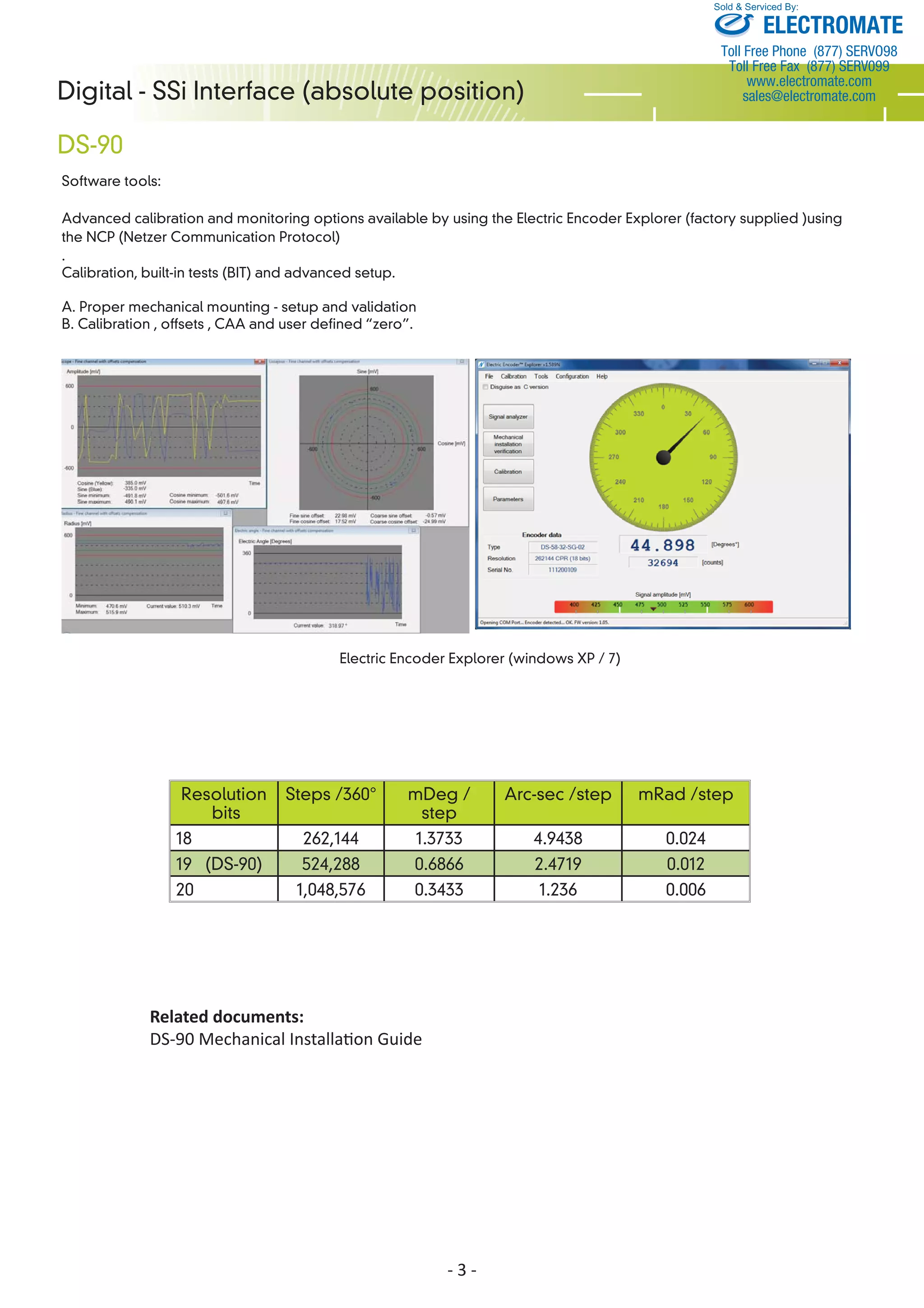 Digital - SSi Interface (absolute position) 
DS-90 
Software tools: 
Sold & Serviced By: 
Advanced calibration and monitoring options available by using the Electric Encoder Explorer (factory supplied )using 
the NCP (Netzer Communication Protocol) 
. 
Calibration, built-in tests (BIT) and advanced setup. 
- 3 - 
A. Proper mechanical mounting - setup and validation 
B. Calibration , offsets , CAA and user defined “zero”. 
Resolution 
bits 
Steps /360° mDeg / 
step 
Arc-sec /step mRad /step 
18 262,144 1.3733 4.9438 0.024 
19 (DS-90) 524,288 0.6866 2.4719 0.012 
20 1,048,576 0.3433 1.236 0.006 
Related documents: 
DS-90 Mechanical InstallaƟ on Guide 
ELECTROMATE 
Toll Free Phone (877) SERVO98 
Toll Free Fax (877) SERV099 
www.electromate.com 
sales@electromate.com 
 