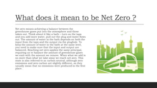What does it mean to be Net Zero ?
Net zero means achieving a balance between the
greenhouse gases put into the atmosphere and those
taken out. Think about it like a bath – turn on the taps
and you add more water, pull out the plug and water flows
out. The amount of water in the bath depends on both the
input from the taps and the output via the plughole. To
keep the amount of water in the bath at the same level,
you need to make sure that the input and output are
balanced. Reaching net zero applies the same principal,
requiring us to balance the amount of greenhouse gases
we emit with the amount we remove. When what we add is
no more than what we take away we reach net zero. This
state is also referred to as carbon neutral; although zero
emissions and zero carbon are slightly different, as they
usually mean that no emissions were produced in the first
place.
 