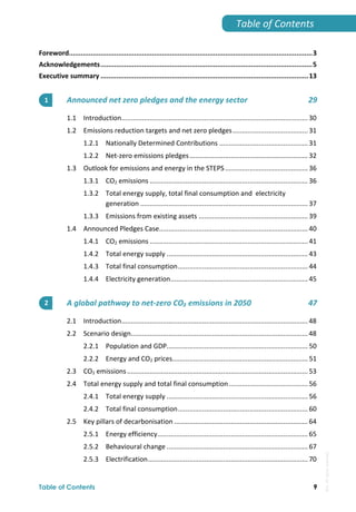  
Table of Contents 9
Table of Contents 
 
Foreword........................................................................................................................... 3 
Acknowledgements ........................................................................................................... 5 
Executive summary ......................................................................................................... 13 
Announced net zero pledges and the energy sector  29 
1.1  Introduction 
................................................................................................... 30 
1.2  Emissions reduction targets and net zero pledges ........................................ 31 
1.2.1  Nationally Determined Contributions ............................................... 31 
1.2.2  Net‐zero emissions pledges ............................................................... 32 
1.3  Outlook for emissions and energy in the STEPS ............................................ 36 
1.3.1  CO2 emissions .................................................................................... 36 
1.3.2  Total energy supply, total final consumption and  electricity 
generation ......................................................................................... 37 
1.3.3  Emissions from existing assets .......................................................... 39 
1.4  Announced Pledges Case 
............................................................................... 40 
1.4.1  CO2 emissions .................................................................................... 41 
1.4.2  Total energy supply ........................................................................... 43 
1.4.3  Total final consumption ..................................................................... 44 
1.4.4  Electricity generation 
......................................................................... 45 
A global pathway to net‐zero CO₂ emissions in 2050  47 
2.1  Introduction 
................................................................................................... 48 
2.2  Scenario design 
.............................................................................................. 48 
2.2.1  Population and GDP 
........................................................................... 50 
2.2.2  Energy and CO2 prices 
........................................................................ 51 
2.3  CO2 emissions ................................................................................................ 53 
2.4  Total energy supply and total final consumption .......................................... 56 
2.4.1  Total energy supply ........................................................................... 56 
2.4.2  Total final consumption ..................................................................... 60 
2.5  Key pillars of decarbonisation ....................................................................... 64 
2.5.1  Energy efficiency 
................................................................................ 65 
2.5.2  Behavioural change ........................................................................... 67 
2.5.3  Electrification ..................................................................................... 70 
1 
2 
IEA.
All
rights
reserved.
 