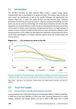  
100 International Energy Agency | Special Report
3.1 Introduction 
The  Net‐Zero  Emissions  by  2050  Scenario  (NZE)  involves  a  global  energy  system 
transformation that is unparalleled in its speed and scope. This chapter looks at how the 
main  sectors  are  transformed,  as  well  as  the  specific  challenges  and  opportunities  this 
involves  (Figure 3.1).  It  covers  the  supply  of  fossil  and  low‐emissions  fuels,  electricity 
generation and the three main end‐use sectors – industry, transport and buildings. For each 
sector, we set out some key technology and infrastructure milestones on which the NZE 
depends for its successful delivery. Further we discuss what key policy decisions are needed, 
and by when, to achieve these milestones. Recognising that there is no single pathway to 
achieve net‐zero emissions by 2050 and that there are many uncertainties related to clean 
energy transitions, in this chapter we also explore the implications of choosing not to rely on 
certain fuels, technologies or emissions reduction options across the transformation and 
end‐use sectors. 
Figure 3.1 ⊳ CO2 emissions by sector in the NZE
 
IEA. All rights reserved.
Emissions fall fastest in the power sector, with transport, buildings and industry seeing steady
declines to 2050. Reductions are aided by the increased availability of low-emissions fuels
Note:  Other  =  agriculture,  fuel  production,  transformation  and  related  process  emissions,  and  direct  air 
capture.  
3.2  Fossil fuel supply 
3.2.1 Energy trends in the Net‐Zero Emissions Scenario 
Coal use declines from 5 250 million tonnes of coal equivalent (Mtce) in 2020 to 2 500 Mtce 
in  2030  and  to  less  than  600 Mtce  in  2050.  Even  with  increasing  deployment  of  carbon 
capture,  utilisation  and  storage  (CCUS),  coal  use  in  2050  is  90%  lower  than  in  2020 
‐ 5
0
 5
 10
 15
2010 2020 2030 2040 2050
Gt CO₂
Power Buildings Transport Industry Other
 