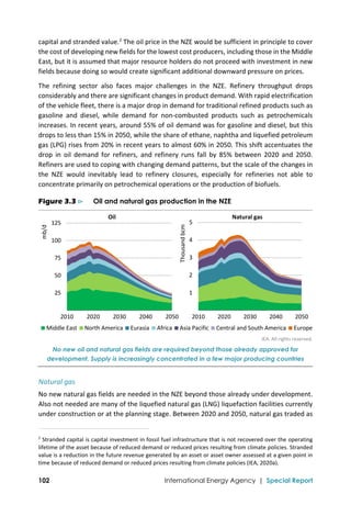  
102 International Energy Agency | Special Report
capital and stranded value.2
 The oil price in the NZE would be sufficient in principle to cover 
the cost of developing new fields for the lowest cost producers, including those in the Middle 
East, but it is assumed that major resource holders do not proceed with investment in new 
fields because doing so would create significant additional downward pressure on prices. 
The  refining  sector  also  faces  major  challenges  in  the  NZE.  Refinery  throughput  drops 
considerably and there are significant changes in product demand. With rapid electrification 
of the vehicle fleet, there is a major drop in demand for traditional refined products such as 
gasoline  and  diesel,  while  demand  for  non‐combusted  products  such  as  petrochemicals 
increases. In recent years, around 55% of oil demand was for gasoline and diesel, but this 
drops to less than 15% in 2050, while the share of ethane, naphtha and liquefied petroleum 
gas (LPG) rises from 20% in recent years to almost 60% in 2050. This shift accentuates the 
drop  in  oil  demand  for  refiners,  and  refinery  runs  fall  by  85%  between  2020  and  2050. 
Refiners are used to coping with changing demand patterns, but the scale of the changes in 
the  NZE  would  inevitably  lead  to  refinery  closures,  especially  for  refineries  not  able  to 
concentrate primarily on petrochemical operations or the production of biofuels.  
Figure 3.3 ⊳ Oil and natural gas production in the NZE
IEA. All rights reserved.
No new oil and natural gas fields are required beyond those already approved for
development. Supply is increasingly concentrated in a few major producing countries
Natural gas 
No new natural gas fields are needed in the NZE beyond those already under development. 
Also not needed are many of the liquefied natural gas (LNG) liquefaction facilities currently 
under construction or at the planning stage. Between 2020 and 2050, natural gas traded as 
                                                                                                                                
2
 Stranded capital is capital investment in fossil fuel infrastructure that is not recovered over the operating 
lifetime of the asset because of reduced demand or reduced prices resulting from climate policies. Stranded 
value is a reduction in the future revenue generated by an asset or asset owner assessed at a given point in 
time because of reduced demand or reduced prices resulting from climate policies (IEA, 2020a). 
 25
 50
 75
 100
 125
2010 2020 2030 2040 2050
mb/d
Middle East North America Eurasia Africa Asia Pacific Central and South America Europe
Oil
 1
 2
 3
 4
 5
2010 2020 2030 2040 2050
Thousand bcm
Natural gas
 