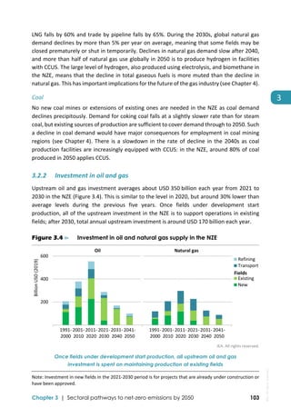  
Chapter 3 | Sectoral pathways to net-zero emissions by 2050 103
3
LNG falls by 60% and trade by pipeline falls by 65%. During the 2030s, global natural gas 
demand declines by more than 5% per year on average, meaning that some fields may be 
closed prematurely or shut in temporarily. Declines in natural gas demand slow after 2040, 
and more than half of natural gas use globally in 2050 is to produce hydrogen in facilities 
with CCUS. The large level of hydrogen, also produced using electrolysis, and biomethane in 
the NZE, means that the decline in total gaseous fuels is more muted than the decline in 
natural gas. This has important implications for the future of the gas industry (see Chapter 4).  
Coal 
No new coal mines or extensions of existing ones are needed in the NZE as coal demand 
declines precipitously. Demand for coking coal falls at a slightly slower rate than for steam 
coal, but existing sources of production are sufficient to cover demand through to 2050. Such 
a decline in coal demand would have major consequences for employment in coal mining 
regions (see Chapter 4). There is a slowdown in the rate of decline in the 2040s as coal 
production facilities are increasingly equipped with CCUS: in the NZE, around 80% of coal 
produced in 2050 applies CCUS. 
3.2.2 Investment in oil and gas 
Upstream oil and gas investment averages about USD 350 billion each year from 2021 to 
2030 in the NZE (Figure 3.4). This is similar to the level in 2020, but around 30% lower than 
average  levels  during  the  previous  five  years.  Once  fields  under  development  start 
production, all of the upstream investment in the NZE is to support operations in existing 
fields; after 2030, total annual upstream investment is around USD 170 billion each year.  
Figure 3.4 ⊳ Investment in oil and natural gas supply in the NZE
IEA. All rights reserved.
Once fields under development start production, all upstream oil and gas
investment is spent on maintaining production at existing fields
Note: Investment in new fields in the 2021‐2030 period is for projects that are already under construction or 
have been approved. 
 200
 400
 600
1991‐
2000
2001‐
2010
2011‐
2020
2021‐
2030
2031‐
2040
2041‐
2050
1991‐
2000
2001‐
2010
2011‐
2020
2021‐
2030
2031‐
2040
2041‐
2050
Billion USD (2019)
Refining
Transport
Existing
New
Oil Natural gas
Fields
IEA.
All
rights
reserved.
 