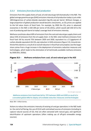  
104 International Energy Agency | Special Report
3.2.3 Emissions from fossil fuel production 
Emissions from the supply chains of coal, oil and natural gas fall dramatically in the NZE. The 
global average greenhouse gas (GHG) emissions intensity of oil production today is just under 
100 kilogrammes of carbon‐dioxide equivalent (kg CO2‐eq) per barrel. Without changes, a 
large proportion of global production would become uneconomic, as CO2 prices are applied 
to  the  full  value  chains  of  fossil  fuels.  For  example,  by  2030  the  CO2  price  in  advanced 
economies in the NZE is USD 100 per tonne of CO2 (tCO2), which would add USD 10 to the 
cost of producing each barrel at today’s average level of emissions intensity.  
Methane constitutes about 60% of emissions from the coal and natural gas supply chains and 
about 35% of emissions from the oil supply chain. In the NZE, total methane emissions from 
fossil fuels fall by around 75% between 2020 and 2030, equivalent to a 2.5 gigatonne of 
carbon‐dioxide equivalent (Gt CO2‐eq) reduction in GHG emissions (Figure 3.5). Around one‐
third of this decline is a result of an overall reduction in fossil fuel consumption, but the larger 
share comes from a huge increase in the deployment of emissions reduction measures and 
technologies, which leads to the elimination of all technically avoidable methane emissions 
by 2030 (IEA, 2020a).  
Figure 3.5 ⊳ Methane emissions from coal, oil and natural gas in the NZE
 
IEA. All rights reserved.
Methane emissions from fossil fuels fall by 75% between 2020 and 2030 as result of a
concerted global effort to deploy all available reduction measures and technologies
Note: Mt = million tonnes. 
Actions to reduce the emissions intensity of existing oil and gas operations in the NZE leads 
to: the end of all flaring; the use of CCUS with centralised sources of emissions (including to 
capture natural sources of CO2 that are often extracted with natural gas); and significant 
electrification  of  upstream  operations  (often  making  use  of  off‐grid  renewable  energy 
sources).  
1 200
2 400
3 600
 40
 80
 120
2000 2005 2010 2015 2020 2025 2030
Mt CO₂‐eq
Mt methane
Natural gas Oil Coal
 