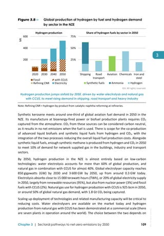  
Chapter 3 | Sectoral pathways to net-zero emissions by 2050 109
3
Figure 3.8 ⊳ Global production of hydrogen by fuel and hydrogen demand
by sector in the NZE
IEA. All rights reserved.
Hydrogen production jumps sixfold by 2050, driven by water electrolysis and natural gas
with CCUS, to meet rising demand in shipping, road transport and heavy industry
Note: Refining CNR = hydrogen by‐product from catalytic naphtha reforming at refineries. 
Synthetic kerosene meets around one‐third of global aviation fuel demand in 2050 in the 
NZE. Its manufacture at bioenergy‐fired power or biofuel production plants requires CO2 
captured from the atmosphere. CO2 from these sources can be considered carbon neutral, 
as it results in no net emissions when the fuel is used. There is scope for the co‐production 
of  advanced  liquid  biofuels  and  synthetic  liquid  fuels  from  hydrogen  and  CO2,  with  the 
integration of the two processes reducing the overall liquid fuel production costs. Alongside 
synthetic liquid fuels, enough synthetic methane is produced from hydrogen and CO2 in 2050 
to meet 10% of demand for network supplied gas in the buildings, industry and transport 
sectors. 
By  2050,  hydrogen  production  in  the  NZE  is  almost  entirely  based  on  low‐carbon 
technologies:  water  electrolysis  accounts  for  more  than  60%  of  global  production,  and 
natural gas in combination with CCUS for almost 40%. Global electrolyser capacity reaches 
850 gigawatts  (GW)  by  2030  and  3 600 GW  by  2050,  up  from  around  0.3 GW  today. 
Electrolysis absorbs close to 15 000 terawatt‐hours (TWh), or 20% of global electricity supply 
in 2050, largely from renewable resources (95%), but also from nuclear power (3%) and fossil 
fuels with CCUS (2%). Natural gas use for hydrogen production with CCUS is 925 bcm in 2050, 
or around 50% of global natural gas demand, with 1.8 Gt CO2 being captured. 
Scaling up deployment of technologies and related manufacturing capacity will be critical to 
reducing  costs.  Water  electrolysers  are  available  on  the  market  today  and  hydrogen 
production from natural gas with CCUS has been demonstrated at a commercial scale (there 
are seven plants in operation around the world). The choice between the two depends on 
 200
 400
 600
2020 2030 2040 2050
Mt
Fossil with CCUS
Refining CNR Electricity
Hydrogen production
25%
50%
75%
Shipping Road
transport
Aviation Chemicals Iron and
steel
Synthetic fuels Ammonia Hydrogen
Share of hydrogen fuels by sector in 2050
IEA.
All
rights
reserved.
 