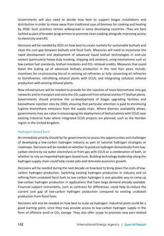  
112 International Energy Agency | Special Report
Governments  will  also  need  to  decide  how  best  to  support  biogas  installations  and 
distribution in order to move away from traditional uses of biomass for cooking and heating 
by 2030. Such practices remain widespread in some developing countries. They are best 
tackled as part of broader programmes to promote clean cooking alongside improving access 
to electricity and LPG. 
Decisions will be needed by 2025 on how best to create markets for sustainable biofuels and 
close the cost gap between biofuels and fossil fuels. Measures will need to incentivise the 
rapid  development  and  deployment  of  advanced  liquid  biofuel  technologies  in  end‐use 
sectors (particularly heavy‐duty trucking, shipping and aviation), using mechanisms such as 
low‐carbon fuel standards, biofuel mandates and CO2 removal credits. Measures that could 
boost  the  scaling  up  of  advanced  biofuels  production  in  the  next  four  years  include: 
incentives for co‐processing bio‐oil in existing oil refineries or fully converting oil refineries 
to  biorefineries;  retrofitting  ethanol  plants  with  CCUS;  and  integrating  cellulosic  ethanol 
production with existing ethanol plants.  
New infrastructure will be needed to provide for the injection of more biomethane into gas 
networks and to transport and store the CO2 captured from ethanol and bio‐FT biofuel plants. 
Governments  should  prioritise  the  co‐development  of  biogas  upgrading  facilities  and 
biomethane injection sites by 2030, ensuring that particular attention is paid to minimising 
fugitive biomethane emissions from the supply chain. Where biomass availability allows, 
governments may see value in encouraging the deployment of biofuel plants with CCUS near 
existing industrial hubs where integrated CCUS projects are planned, such as the Humber 
region in the United Kingdom. 
Hydrogen‐based fuels 
An immediate priority should be for governments to assess the opportunities and challenges 
of developing a low‐carbon hydrogen industry as part of national hydrogen strategies or 
roadmaps. Decisions will be needed on whether to produce hydrogen domestically from low‐
carbon electricity via water electrolysis or from gas with CCUS or a combination of both, or 
whether to rely on imported hydrogen‐based fuels. Building technology leadership along the 
hydrogen supply chain could help create jobs and stimulate economic growth. 
Decisions will be needed during the next decade on how best to bring down the costs of low‐
carbon  hydrogen  production.  Switching  existing  hydrogen  production  in  industry  and  oil 
refining from unabated fossil fuels to low‐carbon hydrogen is one possible way to ramp up 
low‐carbon hydrogen production in applications that have large demand already available. 
Financial support instruments, such as contracts for differences, could help to reduce the 
current  cost  gap  of  low‐carbon  hydrogen  production  compared  to  existing  unabated 
production from fossil fuels. 
Decisions will also be needed on how best to scale up hydrogen. Industrial ports could be a 
good starting point, since they may provide access to low‐carbon hydrogen supply in the 
form of offshore wind or CO2 storage. They also offer scope to promote new port‐related 
 