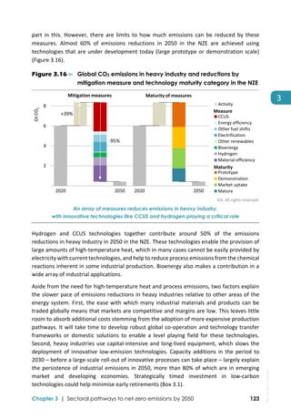  
Chapter 3 | Sectoral pathways to net-zero emissions by 2050 123
3
part in this. However, there are limits to how much emissions can be reduced by these 
measures.  Almost  60%  of  emissions  reductions  in  2050  in  the  NZE  are  achieved  using 
technologies that are under development today (large prototype or demonstration scale) 
(Figure 3.16).  
Figure 3.16 ⊳ Global CO2 emissions in heavy industry and reductions by
mitigation measure and technology maturity category in the NZE
 
IEA. All rights reserved.
An array of measures reduces emissions in heavy industry,
with innovative technologies like CCUS and hydrogen playing a critical role
Hydrogen  and  CCUS  technologies  together  contribute  around  50%  of  the  emissions 
reductions in heavy industry in 2050 in the NZE. These technologies enable the provision of 
large amounts of high‐temperature heat, which in many cases cannot be easily provided by 
electricity with current technologies, and help to reduce process emissions from the chemical 
reactions inherent in some industrial production. Bioenergy also makes a contribution in a 
wide array of industrial applications.  
Aside from the need for high‐temperature heat and process emissions, two factors explain 
the slower pace of emissions reductions in heavy industries relative to other areas of the 
energy system. First, the ease with which many industrial materials and products can be 
traded globally means that markets are competitive and margins are low. This leaves little 
room to absorb additional costs stemming from the adoption of more expensive production 
pathways. It will take time to develop robust global co‐operation and technology transfer 
frameworks  or  domestic  solutions  to  enable  a  level  playing  field  for  these  technologies. 
Second, heavy industries use capital‐intensive and long‐lived equipment, which slows the 
deployment of innovative low‐emission technologies. Capacity additions in the period to 
2030 – before a large‐scale roll‐out of innovative processes can take place – largely explain 
the persistence of industrial emissions in 2050, more than 80% of which are in emerging 
market  and  developing  economies.  Strategically  timed  investment  in  low‐carbon 
technologies could help minimise early retirements (Box 3.1). 
 2
 4
 6
 8
2020 2050 2020 2050
Gt CO
2
Activity
CCUS
Energy efficiency
Other fuel shifts
Electrification
Other renewables
Bioenergy
Hydrogen
Material efficiency
Prototype
Demonstration
Market uptake
Mature
‐95%
+39%
Maturity 
Measure
Mitigation measures Maturity of measures
IEA.
All
rights
reserved.
 