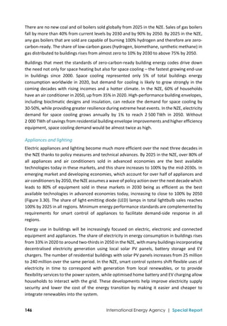  
146 International Energy Agency | Special Report
There are no new coal and oil boilers sold globally from 2025 in the NZE. Sales of gas boilers 
fall by more than 40% from current levels by 2030 and by 90% by 2050. By 2025 in the NZE, 
any gas boilers that are sold are capable of burning 100% hydrogen and therefore are zero‐
carbon‐ready. The share of low‐carbon gases (hydrogen, biomethane, synthetic methane) in 
gas distributed to buildings rises from almost zero to 10% by 2030 to above 75% by 2050. 
Buildings that meet the standards of zero‐carbon‐ready building energy codes drive down 
the need not only for space heating but also for space cooling – the fastest growing end‐use 
in  buildings  since  2000.  Space  cooling  represented  only  5%  of  total  buildings  energy 
consumption worldwide in 2020, but demand for cooling is likely to grow strongly in the 
coming decades with rising incomes and a hotter climate. In the NZE, 60% of households 
have an air conditioner in 2050, up from 35% in 2020. High‐performance building envelopes, 
including bioclimatic designs and insulation, can reduce the demand for space cooling by 
30‐50%, while providing greater resilience during extreme heat events. In the NZE, electricity 
demand  for  space  cooling  grows  annually  by  1%  to  reach  2 500 TWh  in  2050.  Without 
2 000 TWh of savings from residential building envelope improvements and higher efficiency 
equipment, space cooling demand would be almost twice as high. 
Appliances and lighting 
Electric appliances and lighting become much more efficient over the next three decades in 
the NZE thanks to policy measures and technical advances. By 2025 in the NZE, over 80% of 
all  appliances  and  air  conditioners  sold  in  advanced  economies  are  the  best  available 
technologies today in these markets, and this share increases to 100% by the mid‐2030s. In 
emerging market and developing economies, which account for over half of appliances and 
air conditioners by 2050, the NZE assumes a wave of policy action over the next decade which 
leads  to  80%  of  equipment  sold  in  these  markets  in  2030  being  as  efficient  as  the  best 
available technologies in advanced economies today, increasing to close to 100% by 2050 
(Figure 3.30). The share of light‐emitting diode (LED) lamps in total lightbulb sales reaches 
100% by 2025 in all regions. Minimum energy performance standards are complemented by 
requirements  for  smart  control  of  appliances  to  facilitate  demand‐side  response  in  all 
regions.  
Energy use in buildings will be increasingly focused on electric, electronic and connected 
equipment and appliances. The share of electricity in energy consumption in buildings rises 
from 33% in 2020 to around two‐thirds in 2050 in the NZE, with many buildings incorporating 
decentralised  electricity  generation  using  local  solar  PV  panels,  battery  storage  and  EV 
chargers. The number of residential buildings with solar PV panels increases from 25 million 
to 240 million over the same period. In the NZE, smart control systems shift flexible uses of 
electricity  in  time  to  correspond  with  generation  from  local  renewables,  or  to  provide 
flexibility services to the power system, while optimised home battery and EV charging allow 
households to interact with the grid. These developments help improve electricity supply 
security  and  lower  the  cost  of  the  energy  transition  by  making  it  easier  and  cheaper  to 
integrate renewables into the system.  
 