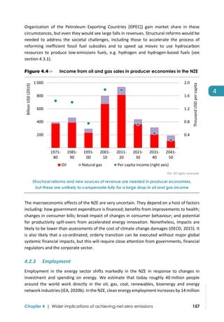  
Chapter 4 | Wider implications of achieving net-zero emissions 157
4 
Organization  of  the  Petroleum  Exporting  Countries  [OPEC])  gain  market  share  in  these 
circumstances, but even they would see large falls in revenues. Structural reforms would be 
needed  to  address  the  societal  challenges,  including  those  to  accelerate  the  process  of 
reforming  inefficient  fossil  fuel  subsidies  and  to  speed  up  moves  to  use  hydrocarbon 
resources  to  produce  low‐emissions  fuels,  e.g.  hydrogen  and  hydrogen‐based  fuels  (see 
section 4.3.1).  
Figure 4.4 ⊳ Income from oil and gas sales in producer economies in the NZE
IEA. All rights reserved.
Structural reforms and new sources of revenue are needed in producer economies,
but these are unlikely to compensate fully for a large drop in oil and gas income
The macroeconomic effects of the NZE are very uncertain. They depend on a host of factors 
including: how government expenditure is financed; benefits from improvements to health; 
changes in consumer bills; broad impact of changes in consumer behaviour; and potential 
for productivity spill‐overs from accelerated energy innovation. Nonetheless, impacts are 
likely to be lower than assessments of the cost of climate change damages (OECD, 2015). It 
is also likely that a co‐ordinated, orderly transition can be executed without major global 
systemic financial impacts, but this will require close attention from governments, financial 
regulators and the corporate sector. 
4.2.3 Employment 
Employment  in  the  energy  sector  shifts  markedly  in  the  NZE  in  response  to  changes  in 
investment  and  spending  on  energy.  We  estimate  that  today  roughly  40 million  people 
around  the  world  work  directly  in  the  oil,  gas,  coal,  renewables,  bioenergy  and  energy 
network industries (IEA, 2020b). In the NZE, clean energy employment increases by 14 million 
 0.4
 0.8
 1.2
 1.6
 2.0
 200
 400
 600
 800
1 000
1971‐
80
1981‐
90
1991‐
00
2001‐
10
2011‐
20
2021‐
30
2031‐
40
2041‐
50
Thousand USD per capita
Billion USD (2019)
Oil Natural gas Per capita income (right axis)
IEA.
All
rights
reserved.
 