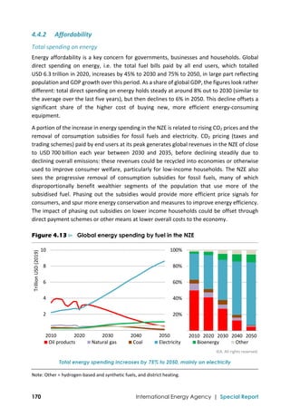  
170 International Energy Agency | Special Report
4.4.2 Affordability 
Total spending on energy 
Energy affordability is a key concern for governments, businesses and households. Global 
direct  spending  on  energy,  i.e.  the  total  fuel  bills  paid  by  all  end  users,  which  totalled 
USD 6.3 trillion in 2020, increases by 45% to 2030 and 75% to 2050, in large part reflecting 
population and GDP growth over this period. As a share of global GDP, the figures look rather 
different: total direct spending on energy holds steady at around 8% out to 2030 (similar to 
the average over the last five years), but then declines to 6% in 2050. This decline offsets a 
significant  share  of  the  higher  cost  of  buying  new,  more  efficient  energy‐consuming 
equipment. 
A portion of the increase in energy spending in the NZE is related to rising CO2 prices and the 
removal  of  consumption  subsidies  for  fossil  fuels  and  electricity.  CO2  pricing  (taxes  and 
trading schemes) paid by end users at its peak generates global revenues in the NZE of close 
to  USD 700 billion  each  year  between  2030  and  2035,  before  declining  steadily  due  to 
declining overall emissions: these revenues could be recycled into economies or otherwise 
used to improve consumer welfare, particularly for low‐income households. The NZE also 
sees  the  progressive  removal  of  consumption  subsidies  for  fossil  fuels,  many  of  which 
disproportionally  benefit  wealthier  segments  of  the  population  that  use  more  of  the 
subsidised  fuel.  Phasing  out  the  subsidies  would  provide  more  efficient  price  signals  for 
consumers, and spur more energy conservation and measures to improve energy efficiency. 
The impact of phasing out subsidies on lower income households could be offset through 
direct payment schemes or other means at lower overall costs to the economy. 
Figure 4.13 ⊳ Global energy spending by fuel in the NZE
IEA. All rights reserved.
Total energy spending increases by 75% to 2050, mainly on electricity
Note: Other = hydrogen‐based and synthetic fuels, and district heating.  
 20%
 40%
 60%
 80%
100%
2010 2020 2030 2040 2050
Oil products Natural gas Coal Electricity Bioenergy Other
 2
 4
 6
 8
 10
2010 2020 2030 2040 2050
Trillion USD (2019)
 