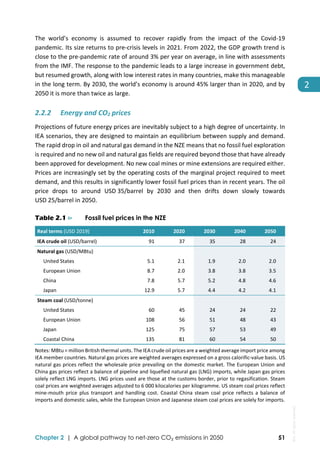 
Chapter 2 | A global pathway to net-zero CO₂ emissions in 2050 51
2 
The  world’s  economy  is  assumed  to  recover  rapidly  from  the  impact  of  the  Covid‐19 
pandemic. Its size returns to pre‐crisis levels in 2021. From 2022, the GDP growth trend is 
close to the pre‐pandemic rate of around 3% per year on average, in line with assessments 
from the IMF. The response to the pandemic leads to a large increase in government debt, 
but resumed growth, along with low interest rates in many countries, make this manageable 
in the long term. By 2030, the world’s economy is around 45% larger than in 2020, and by 
2050 it is more than twice as large.  
2.2.2 Energy and CO2 prices 
Projections of future energy prices are inevitably subject to a high degree of uncertainty. In 
IEA scenarios, they are designed to maintain an equilibrium between supply and demand. 
The rapid drop in oil and natural gas demand in the NZE means that no fossil fuel exploration 
is required and no new oil and natural gas fields are required beyond those that have already 
been approved for development. No new coal mines or mine extensions are required either. 
Prices are increasingly set by the operating costs of the marginal project required to meet 
demand, and this results in significantly lower fossil fuel prices than in recent years. The oil 
price  drops  to  around  USD 35/barrel  by  2030  and  then  drifts  down  slowly  towards 
USD 25/barrel in 2050.  
Table 2.1 ⊳ Fossil fuel prices in the NZE
 Real terms (USD 2019)   2010  2020  2030  2040  2050 
 IEA crude oil (USD/barrel)   91  37  35  28  24 
 Natural gas (USD/MBtu)            
 United States   5.1  2.1  1.9  2.0  2.0 
 European Union   8.7  2.0  3.8  3.8  3.5 
 China   7.8  5.7  5.2  4.8  4.6 
 Japan   12.9  5.7  4.4  4.2  4.1 
 Steam coal (USD/tonne)            
 United States   60  45  24  24  22 
 European Union   108  56  51  48  43 
 Japan   125  75  57  53  49 
 Coastal China   135  81  60  54  50 
Notes: MBtu = million British thermal units. The IEA crude oil prices are a weighted average import price among 
IEA member countries. Natural gas prices are weighted averages expressed on a gross calorific‐value basis. US 
natural gas prices reflect the wholesale price prevailing on the domestic market. The European Union and 
China gas prices reflect a balance of pipeline and liquefied natural gas (LNG) imports, while Japan gas prices 
solely reflect LNG imports. LNG prices used are those at the customs border, prior to regasification. Steam 
coal prices are weighted averages adjusted to 6 000 kilocalories per kilogramme. US steam coal prices reflect 
mine‐mouth  price  plus  transport  and  handling  cost.  Coastal  China  steam  coal  price  reflects  a  balance  of 
imports and domestic sales, while the European Union and Japanese steam coal prices are solely for imports.  
IEA.
All
rights
reserved.
 
