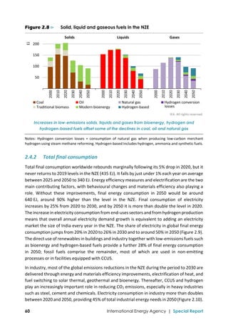  
60 International Energy Agency | Special Report
Figure 2.8 ⊳ Solid, liquid and gaseous fuels in the NZE
IEA. All rights reserved.
Increases in low-emissions solids, liquids and gases from bioenergy, hydrogen and
hydrogen-based fuels offset some of the declines in coal, oil and natural gas
Notes:  Hydrogen  conversion  losses  =  consumption  of  natural  gas  when  producing  low‐carbon  merchant 
hydrogen using steam methane reforming. Hydrogen‐based includes hydrogen, ammonia and synthetic fuels. 
2.4.2 Total final consumption 
Total final consumption worldwide rebounds marginally following its 5% drop in 2020, but it 
never returns to 2019 levels in the NZE (435 EJ). It falls by just under 1% each year on average 
between 2025 and 2050 to 340 EJ. Energy efficiency measures and electrification are the two 
main contributing factors, with behavioural changes and materials efficiency also playing a 
role.  Without  these  improvements,  final  energy  consumption  in  2050  would  be  around 
640 EJ,  around  90%  higher  than  the  level  in  the  NZE.  Final  consumption  of  electricity 
increases by 25% from 2020 to 2030, and by 2050 it is more than double the level in 2020. 
The increase in electricity consumption from end‐uses sectors and from hydrogen production 
means that overall annual electricity demand growth is equivalent to adding an electricity 
market the size of India every year in the NZE. The share of electricity in global final energy 
consumption jumps from 20% in 2020 to 26% in 2030 and to around 50% in 2050 (Figure 2.9). 
The direct use of renewables in buildings and industry together with low‐emissions fuels such 
as bioenergy and hydrogen‐based fuels provide a further 28% of final energy consumption 
in  2050;  fossil  fuels  comprise  the  remainder,  most  of  which  are  used  in  non‐emitting 
processes or in facilities equipped with CCUS. 
In industry, most of the global emissions reductions in the NZE during the period to 2030 are 
delivered through energy and materials efficiency improvements, electrification of heat, and 
fuel switching to solar thermal, geothermal and bioenergy. Thereafter, CCUS and hydrogen 
play an increasingly important role in reducing CO2 emissions, especially in heavy industries 
such as steel, cement and chemicals. Electricity consumption in industry more than doubles 
between 2020 and 2050, providing 45% of total industrial energy needs in 2050 (Figure 2.10). 
 50
 100
 150
 200
2000
2010
2020
2030
2040
2050
2000
2010
2020
2030
2040
2050
2000
2010
2020
2030
2040
2050
EJ
Coal Oil Natural gas Hydrogen conversion
Traditional biomass Modern bioenergy Hydrogen‐based
Solids Liquids Gases
losses
 
