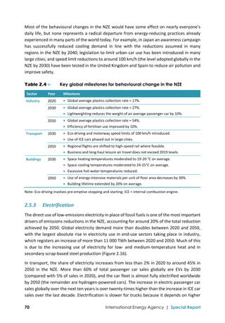  
70 International Energy Agency | Special Report
Most of the behavioural changes in the NZE would have some effect on nearly everyone’s 
daily life, but none represents a radical departure from energy‐reducing practices already 
experienced in many parts of the world today. For example, in Japan an awareness campaign 
has  successfully  reduced  cooling  demand  in  line  with  the  reductions  assumed  in  many 
regions in the NZE by 2040; legislation to limit urban car use has been introduced in many 
large cities; and speed limit reductions to around 100 km/h (the level adopted globally in the 
NZE by 2030) have been tested in the United Kingdom and Spain to reduce air pollution and 
improve safety. 
Table 2.4 ⊳ Key global milestones for behavioural change in the NZE
Sector   Year  Milestone 
Industry  2020   Global average plastics collection rate = 17%.  
  2030   Global average plastics collection rate = 27%.  
 Lightweighting reduces the weight of an average passenger car by 10%. 
  2050   Global average plastics collection rate = 54%. 
 Efficiency of fertiliser use improved by 10%. 
Transport  2030   Eco‐driving and motorway speed limits of 100 km/h introduced. 
 Use of ICE cars phased out in large cities. 
  2050   Regional flights are shifted to high‐speed rail where feasible.  
 Business and long‐haul leisure air travel does not exceed 2019 levels. 
Buildings  2030   Space heating temperatures moderated to 19‐20 °C on average.  
 Space cooling temperatures moderated to 24‐25°C on average.  
 Excessive hot‐water temperatures reduced. 
  2050   Use of energy‐intensive materials per unit of floor area decreases by 30%. 
 Building lifetime extended by 20% on average.  
Note: Eco‐driving involves pre‐emptive stopping and starting; ICE = internal combustion engine. 
2.5.3 Electrification 
The direct use of low‐emissions electricity in place of fossil fuels is one of the most important 
drivers of emissions reductions in the NZE, accounting for around 20% of the total reduction 
achieved by 2050. Global electricity demand more than doubles between 2020 and 2050, 
with the largest absolute rise in electricity use in end‐use sectors taking place in industry, 
which registers an increase of more than 11 000 TWh between 2020 and 2050. Much of this 
is due to the increasing use of electricity for low‐ and medium‐temperature heat and in 
secondary scrap‐based steel production (Figure 2.16). 
In transport, the share of electricity increases from less than 2% in 2020 to around 45% in 
2050  in  the  NZE.  More  than  60%  of  total  passenger  car  sales  globally  are  EVs  by  2030 
(compared with 5% of sales in 2020), and the car fleet is almost fully electrified worldwide 
by 2050 (the remainder are hydrogen‐powered cars). The increase in electric passenger car 
sales globally over the next ten years is over twenty‐times higher than the increase in ICE car 
sales over the last decade. Electrification is slower for trucks because it depends on higher 
 
