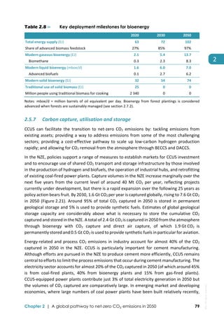  
Chapter 2 | A global pathway to net-zero CO₂ emissions in 2050 79
2 
Table 2.8 ⊳ Key deployment milestones for bioenergy
   2020 2030 2050 
Total energy supply (EJ)  63  72  102 
Share of advanced biomass feedstock  27%  85%  97% 
Modern gaseous bioenergy (EJ)  2.1  5.4  13.7 
    Biomethane  0.3  2.3  8.3 
Modern liquid bioenergy (mboe/d)  1.6  6.0  7.0 
    Advanced biofuels  0.1  2.7  6.2 
Modern solid bioenergy (EJ)  32  54  74 
Traditional use of solid biomass (EJ)  25  0  0 
Million people using traditional biomass for cooking  2 340  0  0 
Notes:  mboe/d  =  million  barrels  of  oil  equivalent  per  day.  Bioenergy  from  forest  plantings  is  considered 
advanced when forests are sustainably managed (see section 2.7.2). 
2.5.7 Carbon capture, utilisation and storage 
CCUS  can  facilitate  the  transition  to  net‐zero  CO2  emissions  by:  tackling  emissions  from 
existing assets; providing a way to address emissions from some of the most challenging 
sectors;  providing  a  cost‐effective  pathway  to  scale  up  low‐carbon  hydrogen  production 
rapidly; and allowing for CO2 removal from the atmosphere through BECCS and DACCS. 
In the NZE, policies support a range of measures to establish markets for CCUS investment 
and to encourage use of shared CO2 transport and storage infrastructure by those involved 
in the production of hydrogen and biofuels, the operation of industrial hubs, and retrofitting 
of existing coal‐fired power plants. Capture volumes in the NZE increase marginally over the 
next five years from the current level of around 40  Mt CO2 per year, reflecting projects 
currently under development, but there is a rapid expansion over the following 25 years as 
policy action bears fruit. By 2030, 1.6 Gt CO2 per year is captured globally, rising to 7.6 Gt CO2 
in 2050 (Figure 2.21). Around 95% of total CO2 captured in 2050 is stored in permanent 
geological storage and 5% is used to provide synthetic fuels. Estimates of global geological 
storage  capacity  are  considerably  above  what  is  necessary  to  store  the  cumulative  CO2 
captured and stored in the NZE. A total of 2.4 Gt CO2 is captured in 2050 from the atmosphere 
through  bioenergy  with  CO2  capture  and  direct  air  capture,  of  which  1.9 Gt CO2  is 
permanently stored and 0.5 Gt CO2 is used to provide synthetic fuels in particular for aviation. 
Energy‐related and process CO2 emissions in industry account for almost 40% of the CO2 
captured  in  2050  in  the  NZE.  CCUS  is  particularly  important  for  cement  manufacturing. 
Although efforts are pursued in the NZE to produce cement more efficiently, CCUS remains 
central to efforts to limit the process emissions that occur during cement manufacturing. The 
electricity sector accounts for almost 20% of the CO2 captured in 2050 (of which around 45% 
is  from  coal‐fired  plants,  40%  from  bioenergy  plants  and  15%  from  gas‐fired  plants). 
CCUS‐equipped power plants contribute just 3% of total electricity generation in 2050 but 
the volumes of CO2 captured are comparatively large. In emerging market and developing 
economies, where large numbers of coal power plants have been built relatively recently, 
IEA.
All
rights
reserved.
 