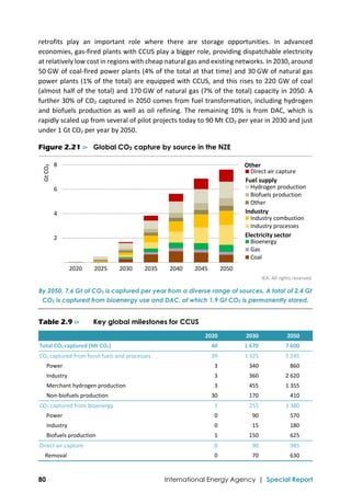  
80 International Energy Agency | Special Report
retrofits  play  an  important  role  where  there  are  storage  opportunities.  In  advanced 
economies, gas‐fired plants with CCUS play a bigger role, providing dispatchable electricity 
at relatively low cost in regions with cheap natural gas and existing networks. In 2030, around 
50 GW of coal‐fired power plants (4% of the total at that time) and 30 GW of natural gas 
power plants (1% of the total) are equipped with CCUS, and this rises to 220 GW of coal 
(almost half of the total) and 170 GW of natural gas (7% of the total) capacity in 2050. A 
further 30% of CO2 captured in 2050 comes from fuel transformation, including hydrogen 
and biofuels production as well as oil refining. The remaining 10% is from DAC, which is 
rapidly scaled up from several of pilot projects today to 90 Mt CO2 per year in 2030 and just 
under 1 Gt CO2 per year by 2050. 
Figure 2.21 ⊳ Global CO2 capture by source in the NZE
 
IEA. All rights reserved.
By 2050, 7.6 Gt of CO2 is captured per year from a diverse range of sources. A total of 2.4 Gt
CO2 is captured from bioenergy use and DAC, of which 1.9 Gt CO2 is permanently stored.
Table 2.9 ⊳ Key global milestones for CCUS
2020  2030  2050 
Total CO2 captured (Mt CO2)  40  1 670  7 600 
CO2 captured from fossil fuels and processes  39  1 325  5 245 
     Power  3  340  860 
     Industry  3  360  2 620 
     Merchant hydrogen production  3  455  1 355 
     Non‐biofuels production  30  170  410 
CO2 captured from bioenergy  1  255  1 380 
     Power  0  90  570 
     Industry   0  15  180 
     Biofuels production  1  150  625 
Direct air capture  0  90  985 
    Removal  0  70  630 
 2
 4
 6
 8
2020 2025 2030 2035 2040 2045 2050
Gt CO₂
Direct air capture
Hydrogen production
Biofuels production
Other
Industry combustion
Industry processes
Bioenergy
Gas
Coal
Electricity sector
Industry
Fuel supply
Other
 