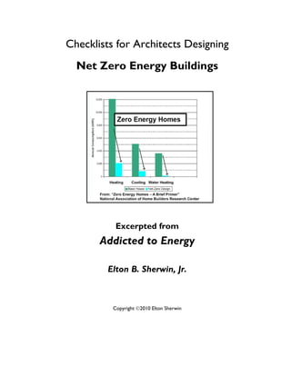 Checklists for Architects Designing
  Net Zero Energy Buildings




           Excerpted from
       Addicted to Energy

         Elton B. Sherwin, Jr.



          Copyright ©2010 Elton Sherwin
 