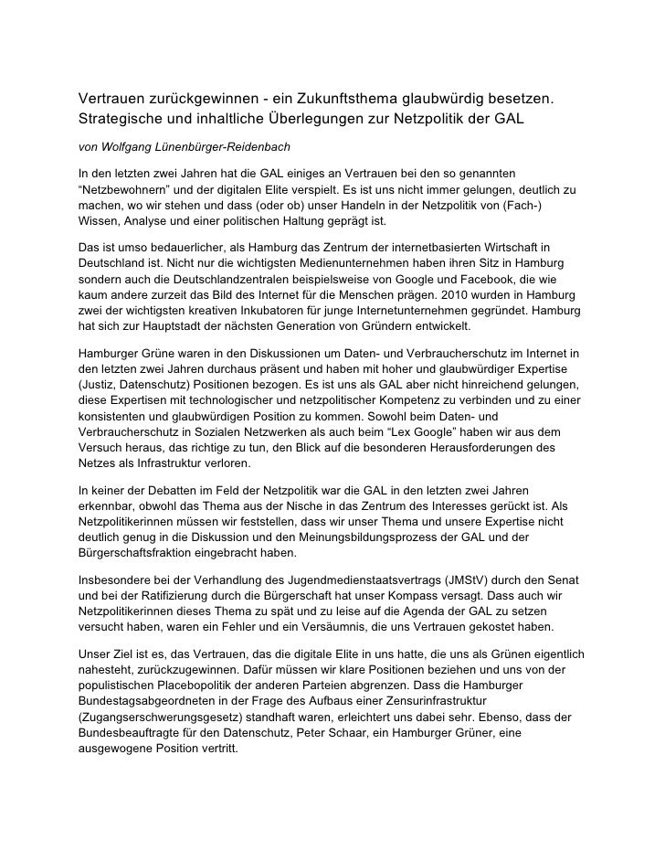 Vertrauen zurückgewinnen - ein Zukunftsthema glaubwürdig besetzen.Strategische und inhaltliche Überlegungen zur Netzpoliti...