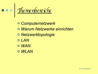 Themenbereiche Computernetzwerk Warum Netzwerke einrichten Netzwerktopologie LAN WAN WLAN 