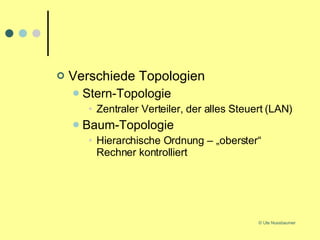 Verschiede Topologien Stern-Topologie Zentraler Verteiler, der alles Steuert (LAN) Baum-Topologie Hierarchische Ordnung – „oberster“ Rechner kontrolliert 