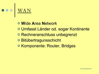 WAN W ide  A rea  N etwork Umfasst Länder od. sogar Kontinente Rechneranschluss unbegrenzt Bitübertragunsschicht Komponente: Router, Bridges 