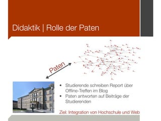 Didaktik | Rolle der Paten




            a ten
           P
               • Studierende schreiben Report über
                 Ofﬂine-Treffen im Blog
               • Paten antworten auf Beiträge der
                 Studierenden

               Ziel: Integration von Hochschule und Web
 