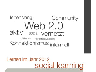 lebenslang                      Community

 aktiv
       Web 2.0
             sozial    vernetzt
      diskursiv   konstruktivistisch
 Konnektionismus informell


Lernen im Jahr 2012
                  social learning
 