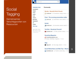 Social
Tagging
Gemeinsames
Verschlagworten von
Ressourcen




                      9
 
