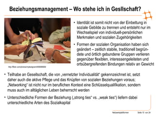 Beziehungsmanagement – Wo stehe ich in Gesllschaft? Identität ist somit nicht von der Einbettung in soziale Gebilde zu trennen und entsteht nur im Wechselspiel von individuell-persönlichen Merkmalen und sozialen Zugehörigkeiten  Formen der sozialen Organisation haben sich geändert – zeitlich stabile, traditionell begrün-dete und örtlich gebundene Gruppen verlieren gegenüber flexiblen, interessengeleiteten und ortsübergreifenden Bindungen relativ an Gewicht http://flickr.com/photos/mylesdgrant/495698908/ Teilhabe an Gesellschaft, die von „vernetzter Individualität“ gekennzeichnet ist, setzt daher auch die aktive Pflege und das Knüpfen von sozialen Beziehungen voraus; „Networking“ ist nicht nur im beruflichen Kontext eine Schlüsselqualifikation, sondern muss auch im alltäglichen Leben beherrscht werden Unterschiedliche Formen der Beziehung („strong ties“ vs. „weak ties“) liefern dabei unterschiedliche Arten des Sozialkapital 