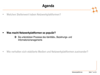 Agenda Welchen Stellenwert haben Netzwerkplattformen? Was macht Netzwerkplattformen so populär?    Sie unterstützen Prozesse des Identitäts-, Beziehungs- und Informationsmanagements Wie verhalten sich etablierte Medien und Netzwerkplattformen zueinander? 