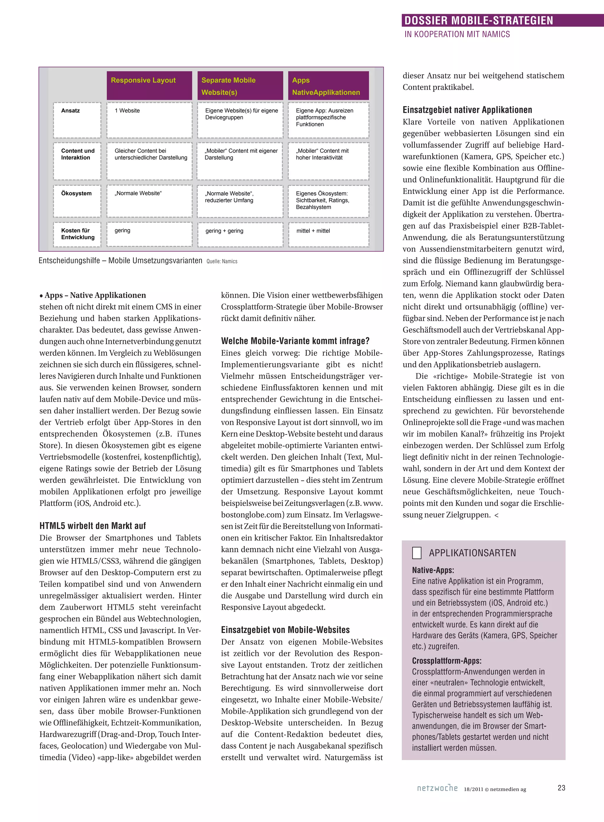 • Apps – Native Applikationen
stehen oft nicht direkt mit einem CMS in einer
Beziehung und haben starken Applikations-
charakter. Das bedeutet, dass gewisse Anwen-
dungenauchohneInternetverbindunggenutzt
werden können. Im Vergleich zu Weblösungen
zeichnen sie sich durch ein flüssigeres, schnel-
leres Navigieren durch Inhalte und Funktionen
aus. Sie verwenden keinen Browser, sondern
laufen nativ auf dem Mobile-Device und müs-
sen daher installiert werden. Der Bezug sowie
der Vertrieb erfolgt über App-Stores in den
entsprechenden Ökosystemen (z.B. iTunes
Store). In diesen Ökosystemen gibt es eigene
Vertriebsmodelle (kostenfrei, kostenpflichtig),
eigene Ratings sowie der Betrieb der Lösung
werden gewährleistet. Die Entwicklung von
mobilen Applikationen erfolgt pro jeweilige
Plattform (iOS, Android etc.).
HTML5 wirbelt den Markt auf
Die Browser der Smartphones und Tablets
unterstützen immer mehr neue Technolo-
gien wie HTML5/CSS3, während die gängigen
Browser auf den Desktop-Computern erst zu
Teilen kompatibel sind und von Anwendern
unregelmässiger aktualisiert werden. Hinter
dem Zauberwort HTML5 steht vereinfacht
gesprochen ein Bündel aus Webtechnologien,
namentlich HTML, CSS und Javascript. In Ver-
bindung mit HTML5-kompatiblen Browsern
ermöglicht dies für Webapplikationen neue
Möglichkeiten. Der potenzielle Funktionsum-
fang einer Webapplikation nähert sich damit
nativen Applikationen immer mehr an. Noch
vor einigen Jahren wäre es undenkbar gewe-
sen, dass über mobile Browser-Funktionen
wie Offlinefähigkeit, Echtzeit-Kommunikation,
Hardwarezugriff (Drag-and-Drop, Touch Inter-
faces, Geolocation) und Wiedergabe von Mul-
timedia (Video) «app-like» abgebildet werden
können. Die Vision einer wettbewerbsfähigen
Crossplattform-Strategie über Mobile-Browser
rückt damit definitiv näher.
Welche Mobile-Variante kommt infrage?
Eines gleich vorweg: Die richtige Mobile-
Implementierungsvariante gibt es nicht!
Vielmehr müssen Entscheidungsträger ver-
schiedene Einflussfaktoren kennen und mit
entsprechender Gewichtung in die Entschei-
dungsfindung einfliessen lassen. Ein Einsatz
von Responsive Layout ist dort sinnvoll, wo im
Kern eine Desktop-Website besteht und daraus
abgeleitet mobile-optimierte Varianten entwi-
ckelt werden. Den gleichen Inhalt (Text, Mul-
timedia) gilt es für Smartphones und Tablets
optimiert darzustellen – dies steht im Zentrum
der Umsetzung. Responsive Layout kommt
beispielsweisebeiZeitungsverlagen(z.B.www.
bostonglobe.com) zum Einsatz. Im Verlagswe-
sen ist Zeit für die Bereitstellung von Informati-
onen ein kritischer Faktor. Ein Inhaltsredaktor
kann demnach nicht eine Vielzahl von Ausga-
bekanälen (Smartphones, Tablets, Desktop)
separat bewirtschaften. Optimalerweise pflegt
er den Inhalt einer Nachricht einmalig ein und
die Ausgabe und Darstellung wird durch ein
Responsive Layout abgedeckt.
Einsatzgebiet von Mobile-Websites
Der Ansatz von eigenen Mobile-Websites
ist zeitlich vor der Revolution des Respon-
sive Layout entstanden. Trotz der zeitlichen
Betrachtung hat der Ansatz nach wie vor seine
Berechtigung. Es wird sinnvollerweise dort
eingesetzt, wo Inhalte einer Mobile-Website/
Mobile-Applikation sich grundlegend von der
Desktop-Website unterscheiden. In Bezug
auf die Content-Redaktion bedeutet dies,
dass Content je nach Ausgabekanal spezifisch
erstellt und verwaltet wird. Naturgemäss ist
dieser Ansatz nur bei weitgehend statischem
Content praktikabel.
Einsatzgebiet nativer Applikationen
Klare Vorteile von nativen Applikationen
gegenüber webbasierten Lösungen sind ein
vollumfassender Zugriff auf beliebige Hard-
warefunktionen (Kamera, GPS, Speicher etc.)
sowie eine flexible Kombination aus Offline-
und Onlinefunktionalität. Hauptgrund für die
Entwicklung einer App ist die Performance.
Damit ist die gefühlte Anwendungsgeschwin-
digkeit der Applikation zu verstehen. Übertra-
gen auf das Praxisbeispiel einer B2B-Tablet-
Anwendung, die als Beratungsunterstützung
von Aussendienstmitarbeitern genutzt wird,
sind die flüssige Bedienung im Beratungsge-
spräch und ein Offlinezugriff der Schlüssel
zum Erfolg. Niemand kann glaubwürdig bera-
ten, wenn die Applikation stockt oder Daten
nicht direkt und ortsunabhägig (offline) ver-
fügbar sind. Neben der Performance ist je nach
Geschäftsmodell auch der Vertriebskanal App-
Store von zentraler Bedeutung. Firmen können
über App-Stores Zahlungsprozesse, Ratings
und den Applikationsbetrieb auslagern.
Die «richtige» Mobile-Strategie ist von
vielen Faktoren abhängig. Diese gilt es in die
Entscheidung einfliessen zu lassen und ent-
sprechend zu gewichten. Für bevorstehende
Onlineprojekte soll die Frage «und was machen
wir im mobilen Kanal?» frühzeitig ins Projekt
einbezogen werden. Der Schlüssel zum Erfolg
liegt definitiv nicht in der reinen Technologie-
wahl, sondern in der Art und dem Kontext der
Lösung. Eine clevere Mobile-Strategie eröffnet
neue Geschäftsmöglichkeiten, neue Touch-
points mit den Kunden und sogar die Erschlie-
ssung neuer Zielgruppen. <
18/2011 © netzmedien ag 23
DOSSIER MOBILE-STRATEGIEN
IN KOOPERATION MIT NAMICS
Native-Apps:
Eine native Applikation ist ein Programm,
dass spezifisch für eine bestimmte Plattform
und ein Betriebssystem (iOS, Android etc.)
in der entsprechenden Programmiersprache
entwickelt wurde. Es kann direkt auf die
Hardware des Geräts (Kamera, GPS, Speicher
etc.) zugreifen.
Crossplattform-Apps:
Crossplattform-Anwendungen werden in
einer «neutralen» Technologie entwickelt,
die einmal programmiert auf verschiedenen
­Geräten und Betriebssystemen lauffähig ist.
Typischerweise handelt es sich um Web-
anwendungen, die im Browser der Smart-
phones/Tablets gestartet werden und nicht
installiert werden müssen.
APPLIKATIONSARTEN
Entscheidungshilfe – Mobile Umsetzungsvarianten Quelle: Namics
Responsive Layout Separate Mobile
Website(s)
Apps
NativeApplikationen
1 Website Eigene Website(s) für eigene
Devicegruppen
Eigene App: Ausreizen
plattformspezifische
Funktionen
Ansatz
Gleicher Content bei
unterschiedlicher Darstellung
„Mobiler“ Content mit eigener
Darstellung
„Mobiler“ Content mit
hoher Interaktivität
Content und
Interaktion
„Normale Website“ „Normale Website“,
reduzierter Umfang
Eigenes Ökosystem:
Sichtbarkeit, Ratings,
Bezahlsystem
Ökosystem
gering gering + gering mittel + mittelKosten für
Entwicklung
Figure 3: Entscheidungshilfe - Mobile Umsetzungsvarianten
 