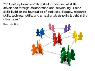 21 st  Century literacies “almost all involve social skills developed through collaboration and networking. These skills build on the foundation of traditional literacy, research skills, technical skills, and critical analysis skills taught in the classroom.” Henry Jenkins 