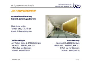 Großgruppen-Veranstaltungbzp                  unternehmensberatung
                                         bierend, zeller & partner AG


Ihr Ansprechpartner

unternehmensberatung
bierend, zeller & partner AG



Marie-Luise Jantos
Telefon: 040 / 535346-14
E-Mail: M.Jantos@bzp.com




Büro Göttingen                                         Büro Hamburg
Am Weißen Steine 1, 37085 Göttingen       Speersort 10, 20095 Hamburg
Tel.: 0551 / 99879-0, Fax: -16        Telefon: 040 / 535346-0, Fax: -17
E-Mail: bzp-goe@bzp.com                       E-Mail: bzp-nor@bzp.com
Internet: www.bzp.com                           Internet: www.bzp.com




www.bzp.com
 